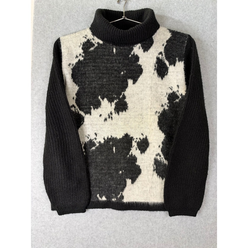 Vintage Kay Wright Cow Print Turtleneck Sweater Black White Orlon Acrylic NYC